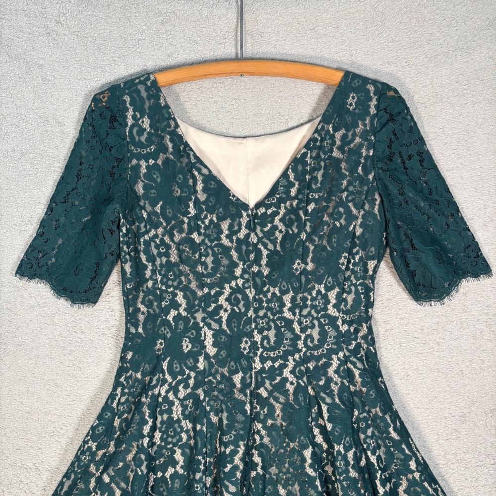 Eliza J Lace Fit N Flare Dress Size 6 Evergreen Lined Midi Illusion Lace Overlay - Picture 6 of 12
